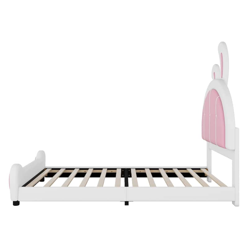 Upholstered Leather Bed Frame, Twin Size Platform Bed with Rabbit Shaped Headboard and Footboard for Bedroom, Study