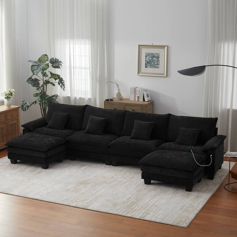 144" Modular Compression Sofa Set Convertible Sectional Sleeper Couch with 2 Ottomans