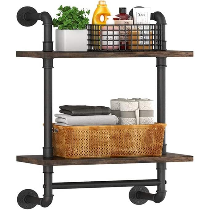 Industrial Pipe Floating Bathroom Shelves Wall Mounted with Towel bar - 7.8"D x 15.7"W x 25.6"H