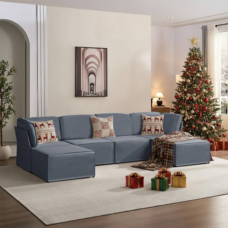 Mixoy Oversized Modular Sectional Sofa, U/L-Shaped Couch with Deep Seat, Ottoman, Convertible Modern Linen Sleeper Sofa Bed - Dark Grey - Reversible