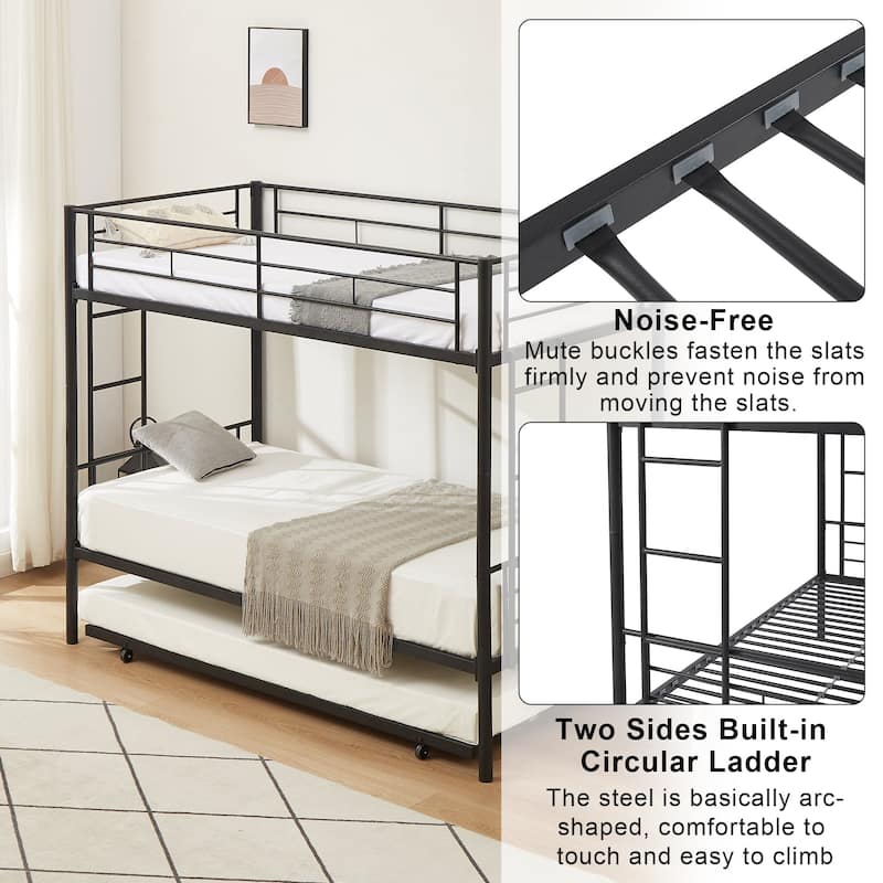 Twin Over Twin Bunk Bed with Trundle, Detachable Twin Bunk Beds w/ 2 Side Ladders & Full-Length Guardrails