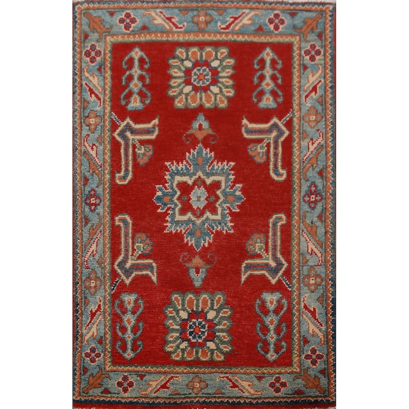 Red Geometric Kazak Rug Handmade Accent Wool Carpet - 2'0"x 3'0"