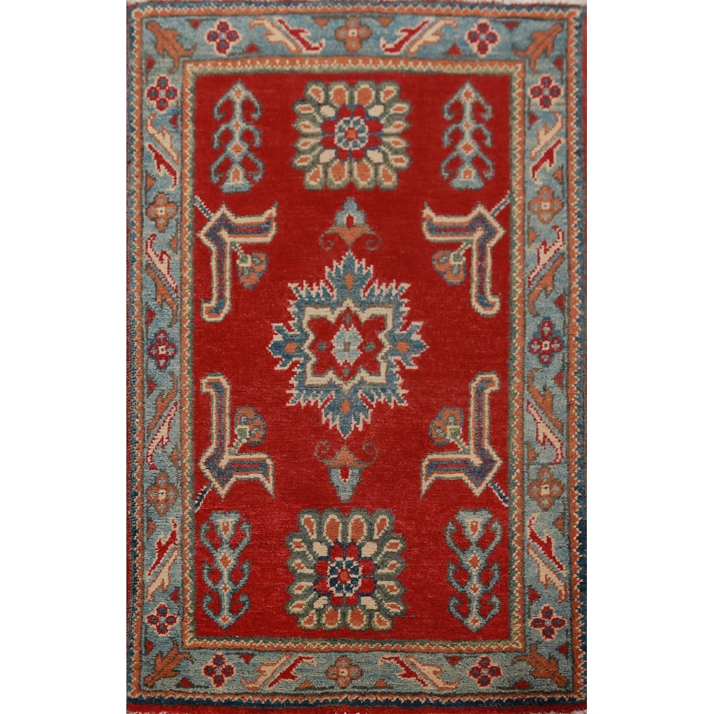 Red Geometric Kazak Rug Handmade Accent Wool Carpet - 2'0"x 3'0"