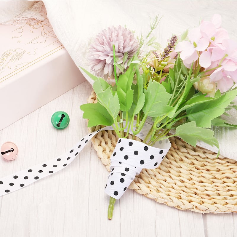 Grosgrain Ribbons White with Black Dots Ribbon Decoration - 25 Yardx1 Inch