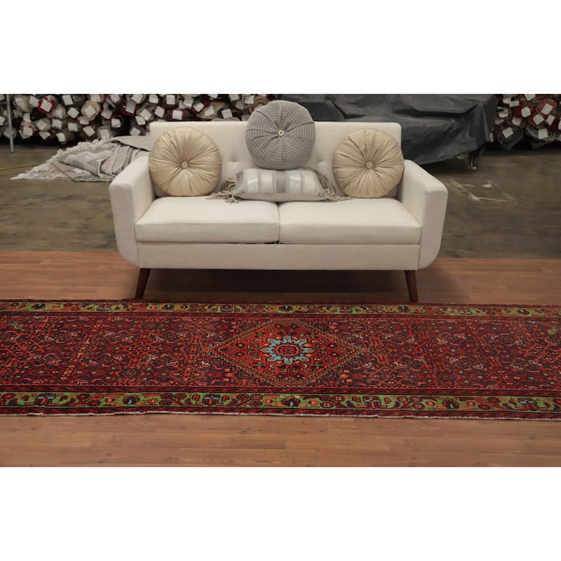 Hand Knotted Oriental 100% Wool Carpet Traditional Geometric Oranges & Rust Hamedan Runner Rug - 9' 7'' X 3' 1''