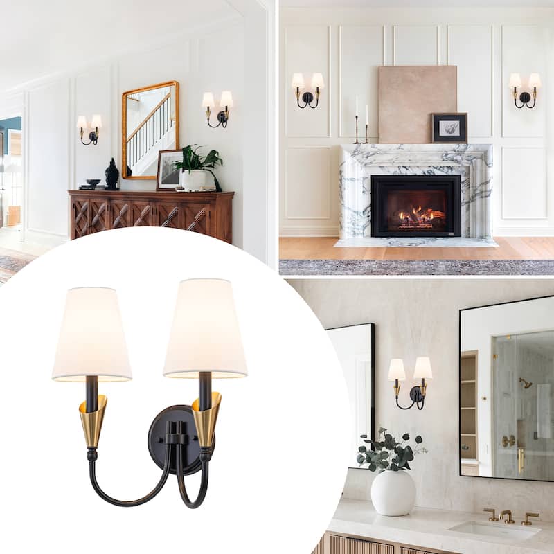 2-Light Matte Black & Gold Wall Sconce Traditional Fabric Shades
