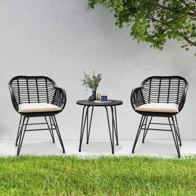 3 Piece Outdoor Wicker Furniture Patio Bistro Set With Cushions for Porch Poolside Garden - 21.2"L x 23.6"W x 31.5"H
