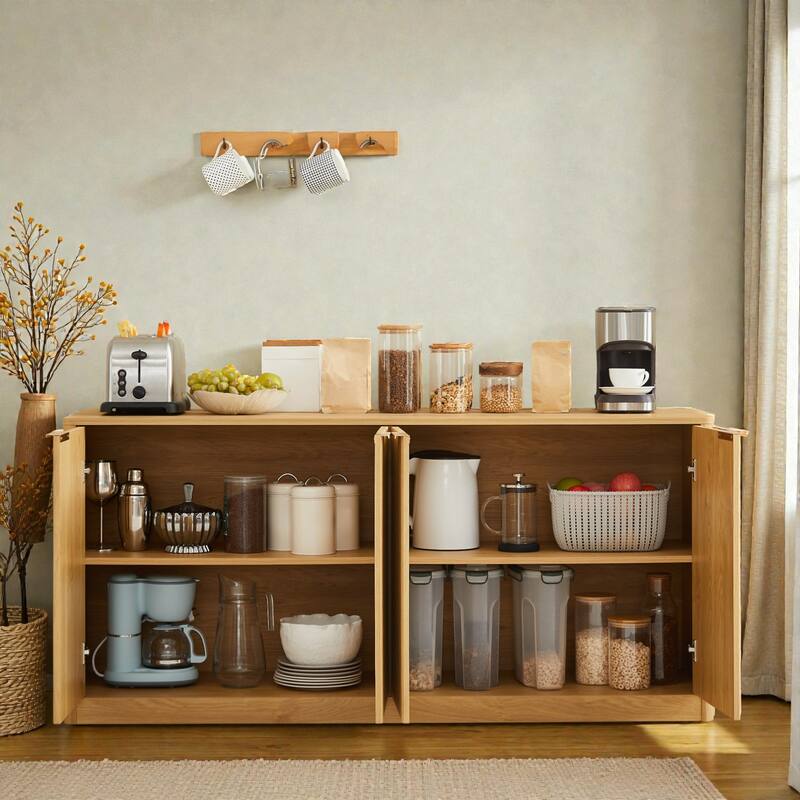 59'' Modern Wavy Sideboard, Natural Curved Storage Cabinet with 4 Doors for Living Room, Dining Room, Kitchen or Bedroom