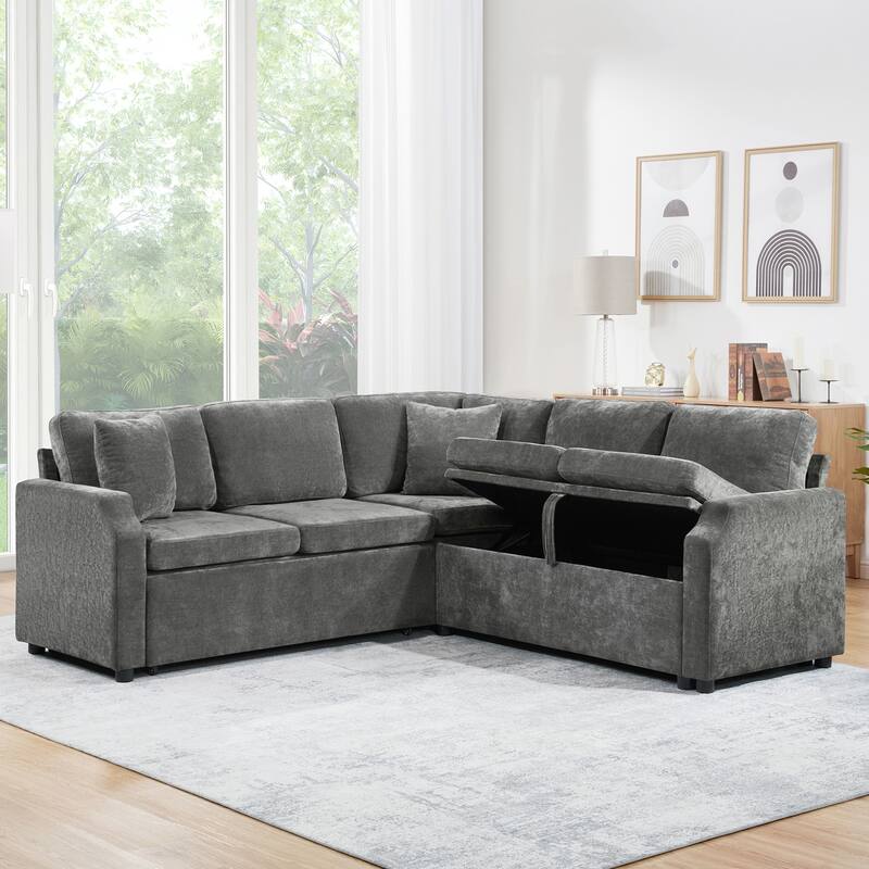 L-Shaped Sectional Sofa Bed, Chenille Upholstered Sleeper Sofa with Hidden Storage Compartment, 4 Seater Corner Sectional Sofa