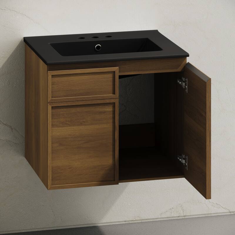 St. Tropez 24" Wall-Mounted Bathroom Vanity In Brown Oak With Black 3-Hole Widespread Sink Top - 24