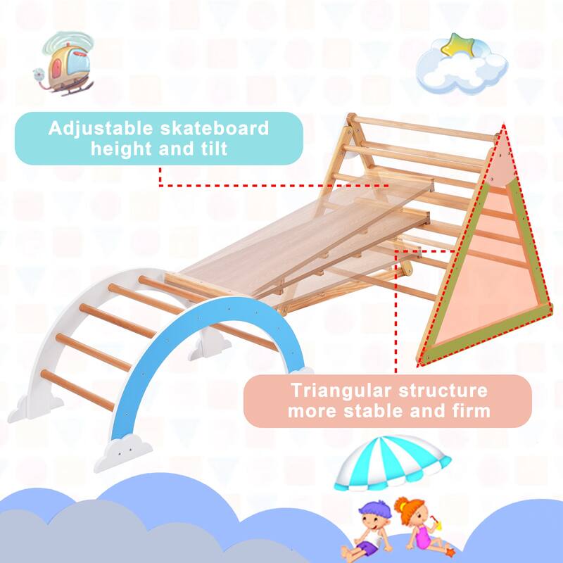 Wooden Climbing Triangle Toys - Indoor Arc Climber Jungle with Ramp and Arch Toy Rocker, Reversible Multifunction Playset