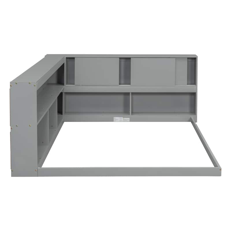 Grey Full Size Wood Floor Bed with L-shaped Bookcases