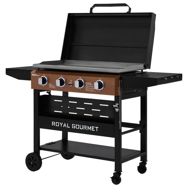 Royal Gourmet 4-Burner Gas Griddle with Hood and Side Shelves