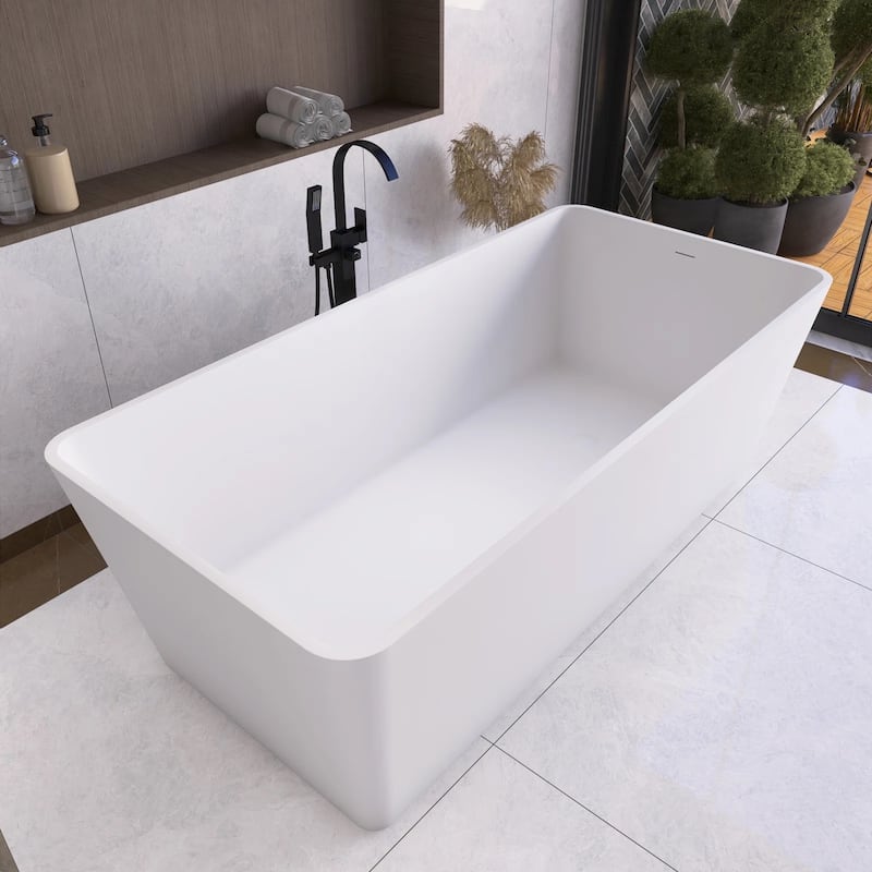 67 Inch Solid Surface Freestanding Soaking Bathtub in Matte White