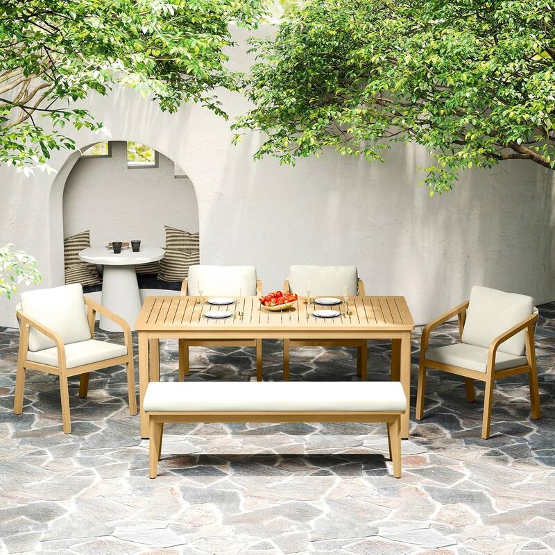 6 Pieces Acacia Patio Dining Set with Dining Table, Chairs, and Bench - N/A - Beige