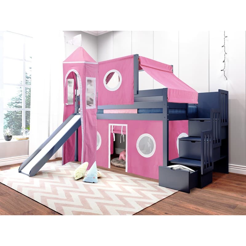 JACKPOT Prince & Princess Low Loft Twin Bed, Stairs Slide Tent & Tower