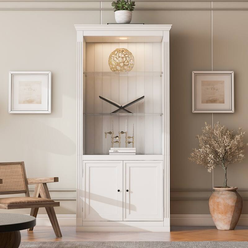 78.75"H 4-Tier Display Shelf,with Dimmable Ceiling Light,Freestanding Bookcases with Storage & Doors,Adjustable Glass Shelves - White