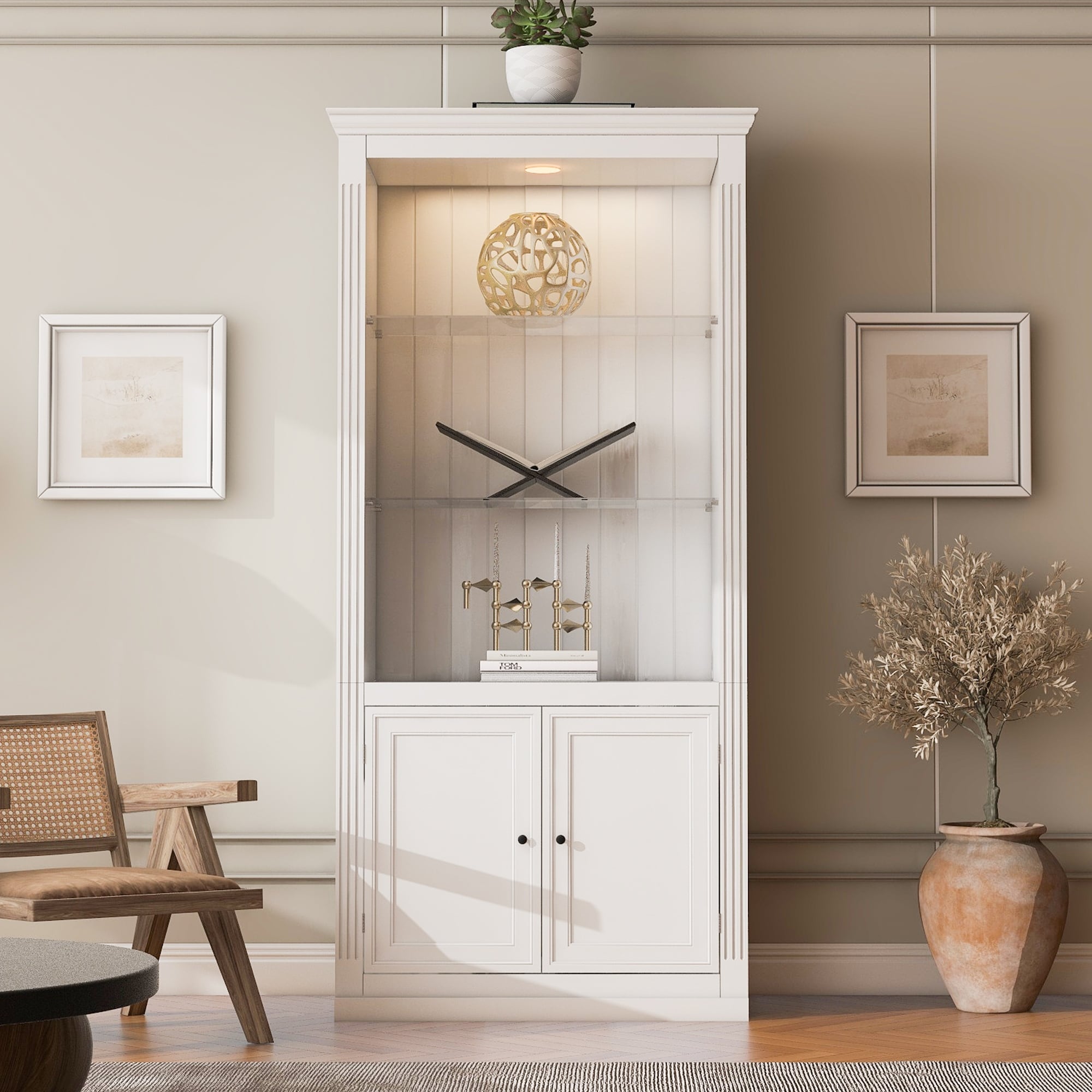 Retro Bookcases with Adjustable Glass Shelves & Doors, 78.75''H 4-Tier Display Shelf with 5-Colors Dimmable Ceiling Light