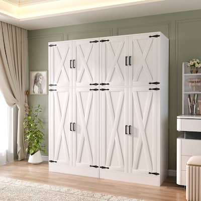 Rackcog Wooden Wardrobe with Barn Doors, Farmhouse Closet Storage Cabinet with Hanging Rod