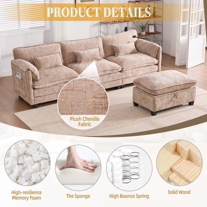 HOMEFUN Chenille Upholstered L-shaped Phone Holder Modular Sectional Sleeper Sofa with Movable Storage Ottoman