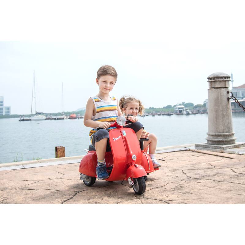 Vespa 6V Ride-On Motorcycle with Sidecar, Stylish Kids Electric Scooter Toy for Siblings, Safe and Fun for Boys and Girls