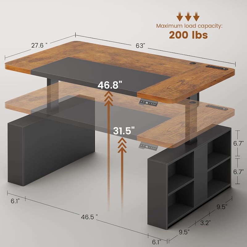 63" Executive Standing Desk Storage Executive Height Adjustable Desk