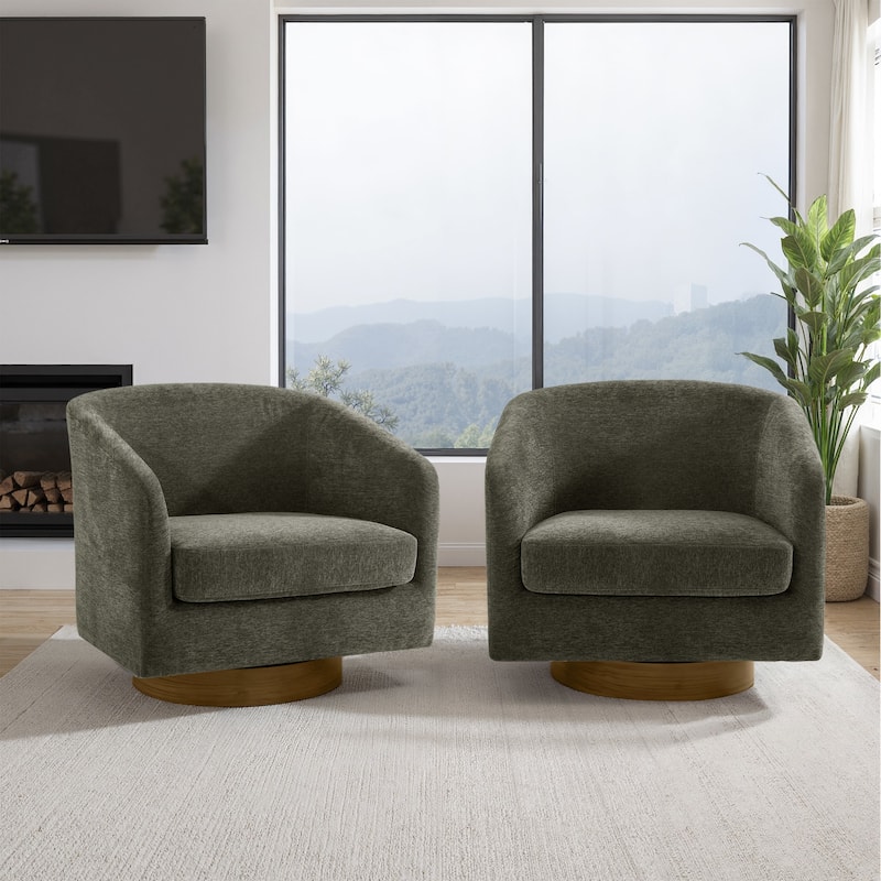 2 Set Modern Wide Round Swivel Accent Barrel Chairs - Chenille - Tan/Chenille-Set of 2