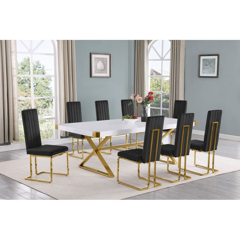 Best Quality Furniture D442/3-SC340-7 Dining Set with 94" White Lacquer Wood Top - 9-Piece - Black / Gold