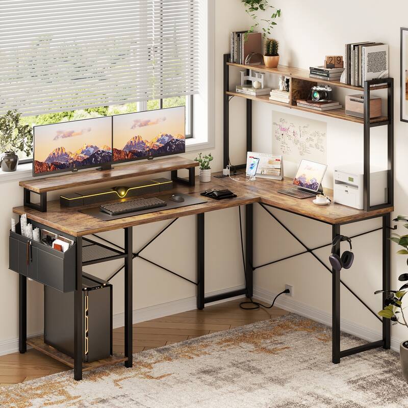 Farmhouse L-shaped Desk with Power Outlet, Gaming Table with Hutch and LED Light