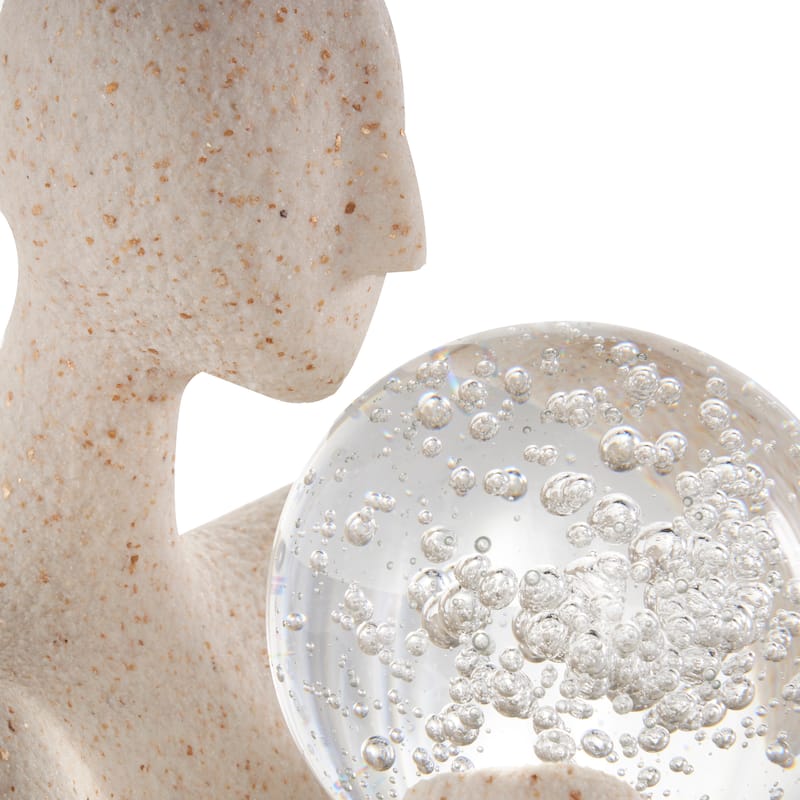 Cream Polystone Abstract Textured People Decorative Sculpture with Clear Glass Ball and Gold Speckles