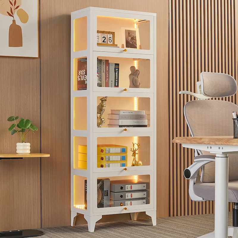 4/5-Tier Curio Display Cabinet with Glass Flip Doors & LED Light Strip - 5-Tier - White