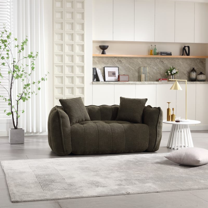 Olive Green Modern 65.1" Chenille Upholstered Buttons Tufted Loveseat Accent Chair with High Resilience Foam Core and Pillows