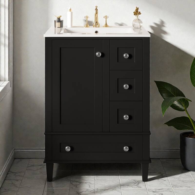 24" Bathroom Vanity with Integrated Ceramic Sink, Soft-Close Drawers and Door, Cabinet with Door Storage Rack - Black