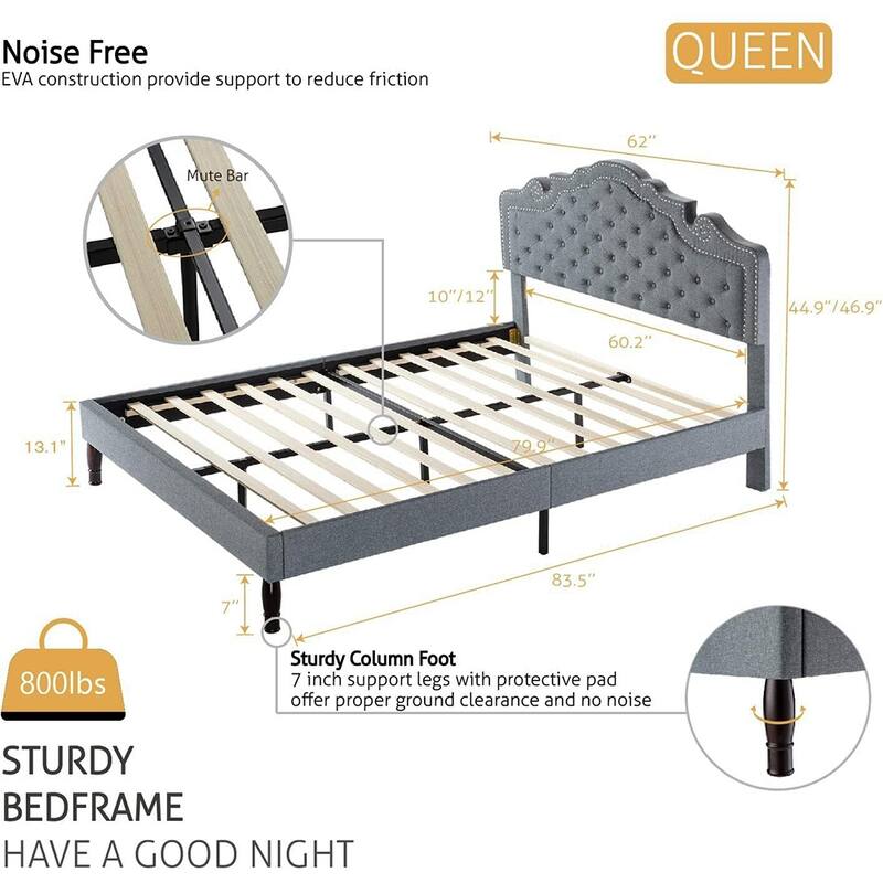 Queen Size Bed Frame with Diamond Button Adjustable Headboard, Grey