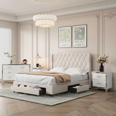 4-Pieces Bedroom Sets Queen Size Upholstered Bed with 3 Drawers, 2 High Gloss Mirrored Nightstands and Dresser