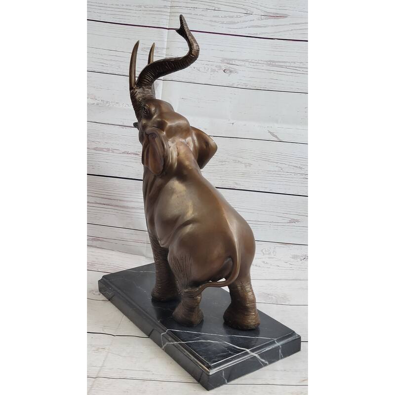 Trumpeting Happy Elephant Bronze Statue Sculpture Marble Base 16 Inches X 10 Inches