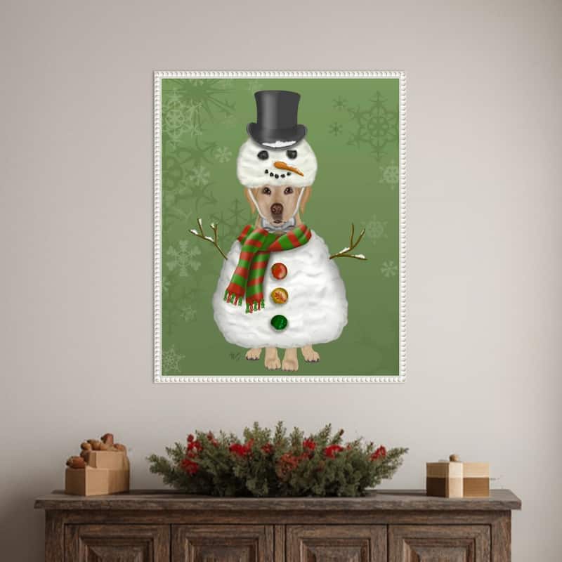 Yellow Labrador Snowman Costume by Fab Funky (23 x 28 in.), Framed Canvas Wall Art Print - Sylvie Beaded White