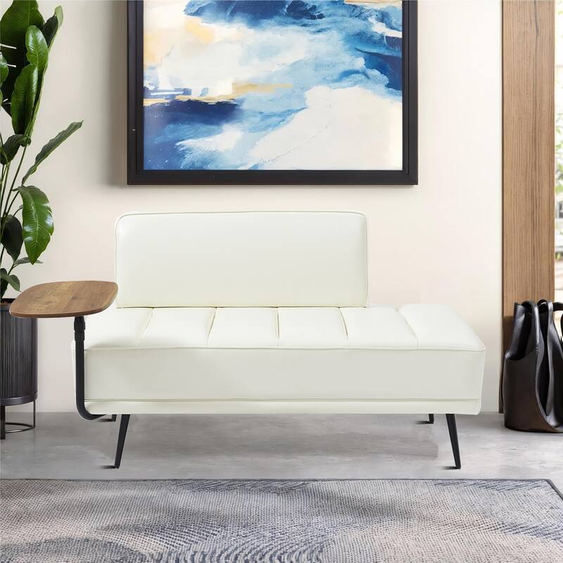 Modern minimalist bench with upholstered backrest and 360-degree swivelling side table, metal legs - Beige