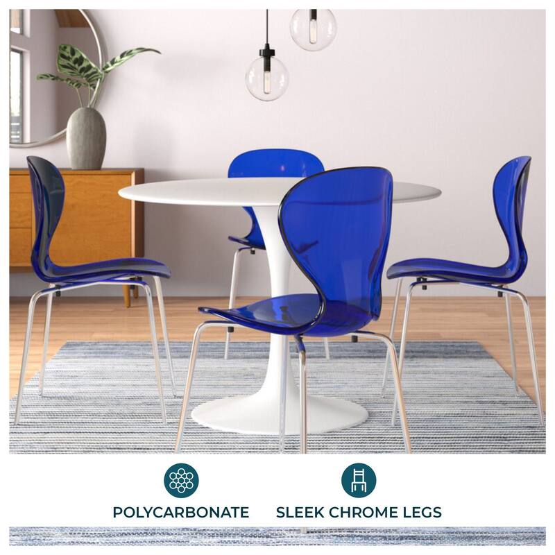 Oyster Modern Stackable Plastic Dining Chair with Curved Backrest and Accent Chrome Legs for Kitchen or Café Use Set of 2