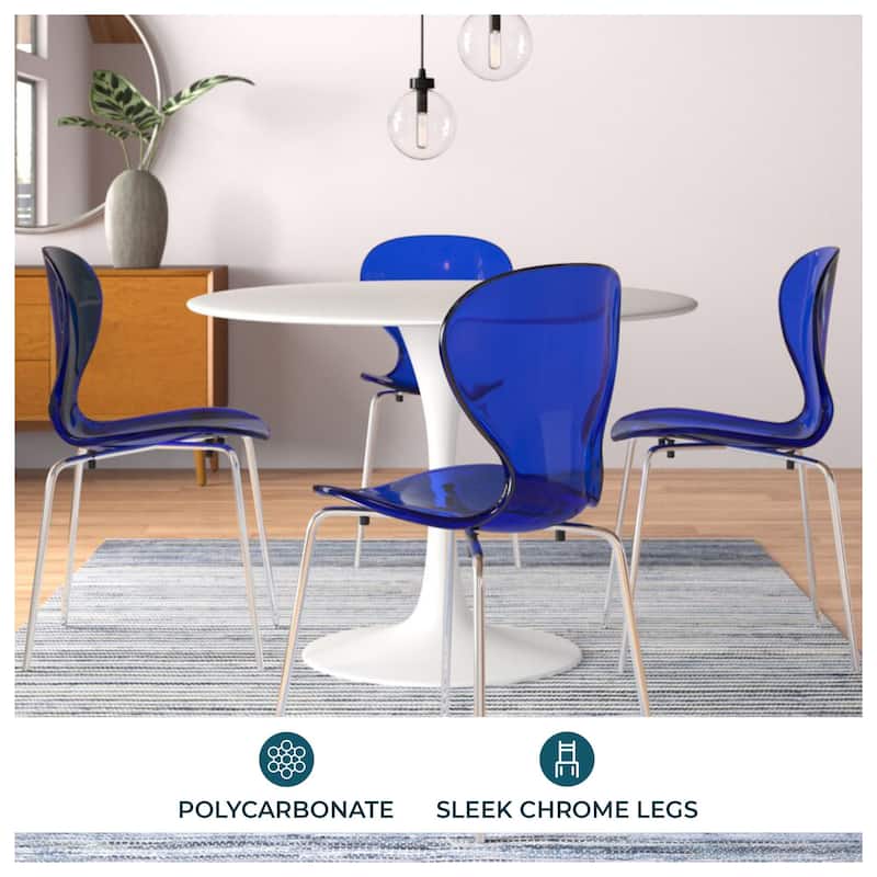 Oyster Modern Ergonomic Transparent Stackable Dining Side Chair with Chrome Steel Legs, Rounded Seat Edge for Indoor Outdoor Use