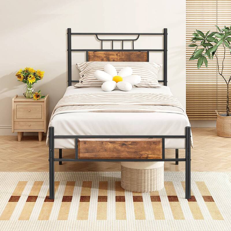 VECELO Industrial Bed Frame with Wood Headboard,Twin/Full/Queen Size Bed, Black/Brown/Slate-3 colors - Brown - Twin