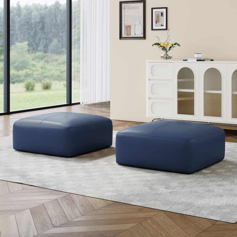 22"/ 35"/ 43" W Rectangular Modern Genuine Leather Ottoman Set of 2 - Medium:35.2"×35.2"×16.2" - Navy Blue