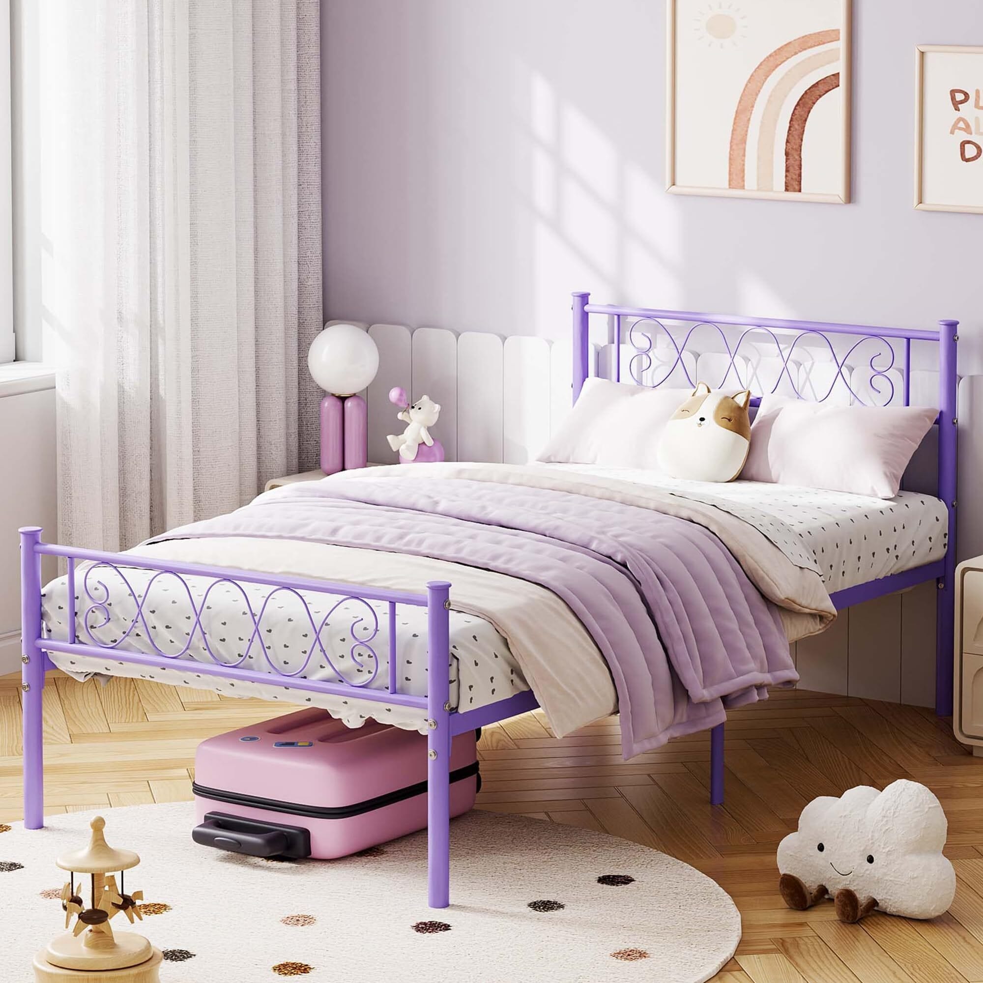 Modern Metal Bed Frame with Headboard/Footboard for Girls and Boys, Platform Bed Frame with Iron-Art Sweet Heart