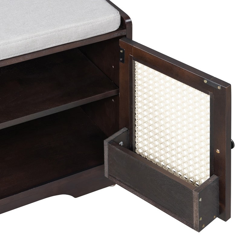 Rustic 47.4" Storage Bench Multifunctional Wooden Entryway Organizer with Removable Cushion and Rattan Doors
