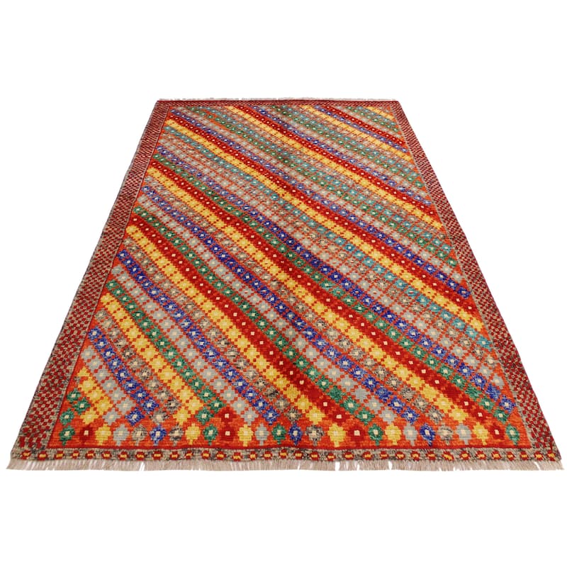 Modern Balochi Abbott Orange/Blue Hand Knotted Wool Rug - 5'1'' x 6'7''