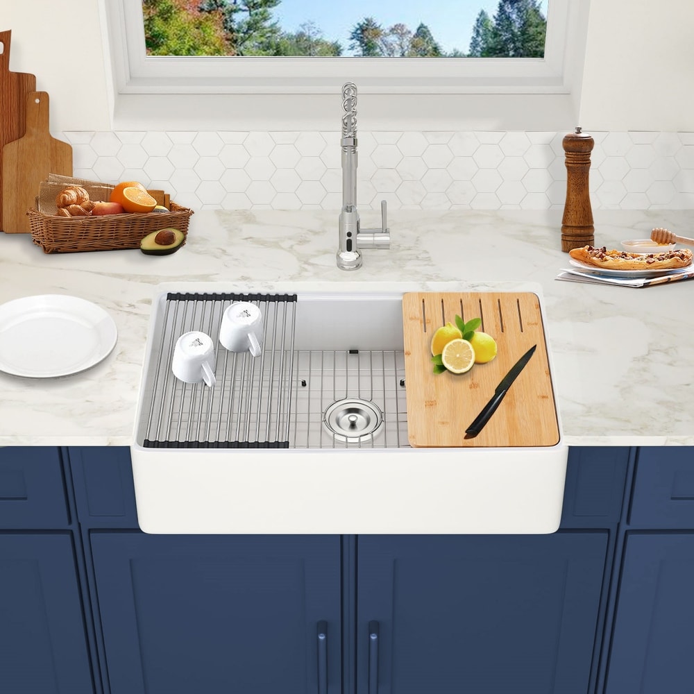 Deervalley 33 L X 20 W Single Basin Workstation Farmhouse Kitchen Sink  With Sink Grid, Cutting Board And Dish-Drying Rack & Reviews