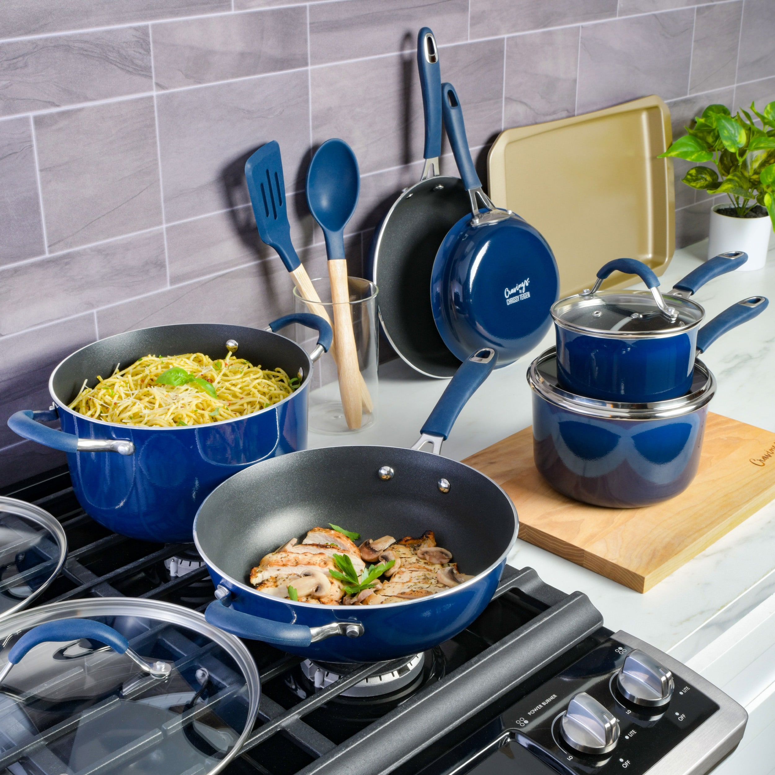 Cravings by Chrissy Teigen 14Pc Aluminum Cookware Combo Set in Blue
