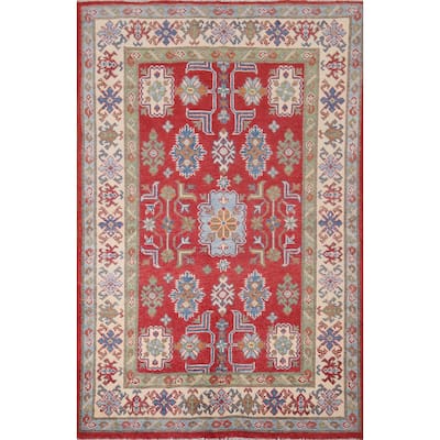 Red Kazak Oriental Accent Rug Hand-Knotted Geometric Wool Carpet - 4'0" x 5'9"