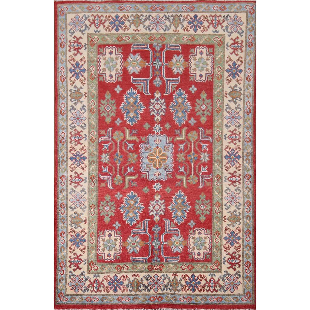 Red Kazak Oriental Accent Rug Hand-Knotted Geometric Wool Carpet - 4'0" x 5'9"