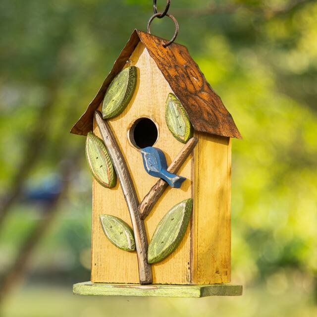 Glitzhome 10"H Multicolor Cute Distressed Solid Wood Birdhouse
